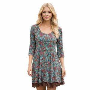 Feather Clothing USA Women’s Floral Boho Dress Size S/M Teal Ruffle Hem